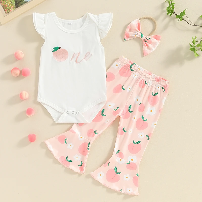 

Baby Gir First Birthday Infant One Year Old Outfit Ruffle Sleeveless Romper Peach Floral Print Flare Pants Headband