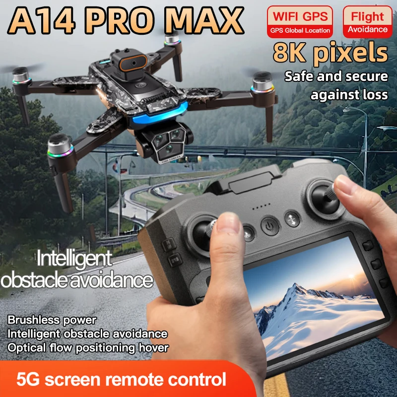 A14Pro max GPS Brushless 8K three Camera Optical Flow Obstacle Avoidance Foldable Quadcopter RC Distance Drone Toys 2025 New
