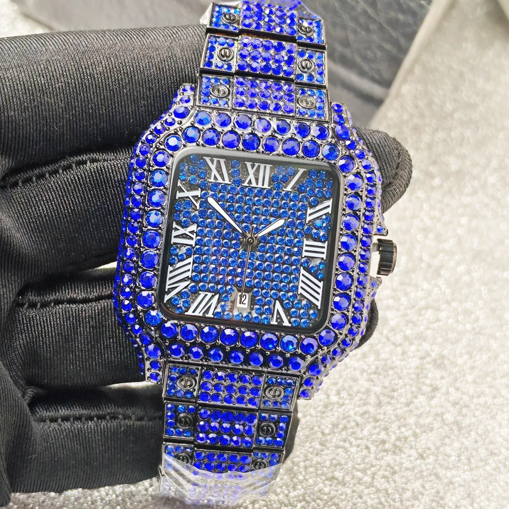 Classic Blue Black Iced Out Quartz Watch Men Full Diamond Watch