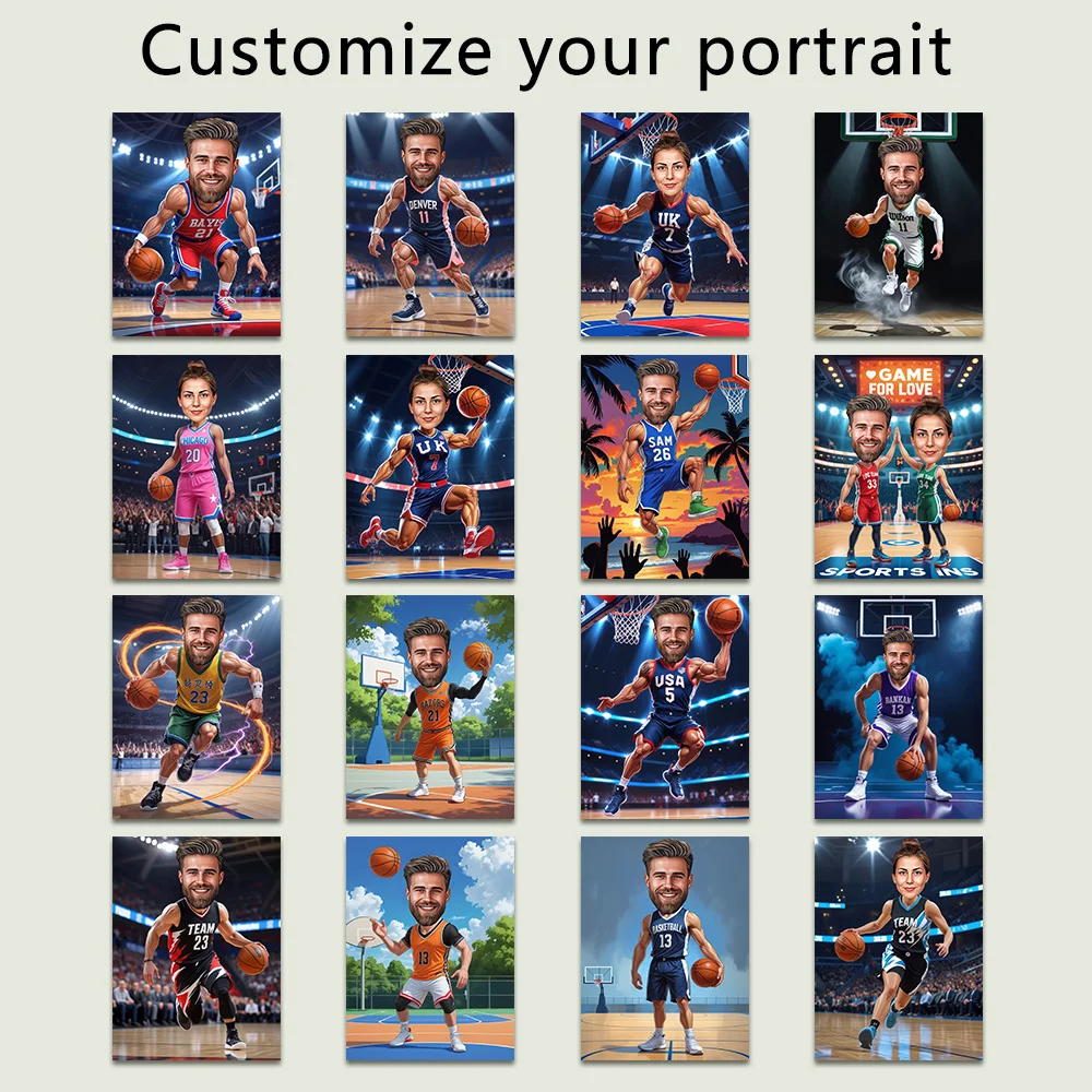 Custom Basketball Player Cartoon Portrait Picture Print, Personalized Exciting Sport Wall Art Canvas Poster, Home Office Decor