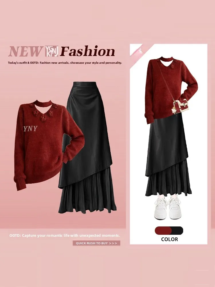 

Retro Hong Kong Sle Knitted Sweater And Skirt Set High Waist Midi Skirt Asymmetrical Splicing New Year Aosphere Women's F...