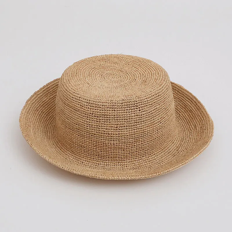 Summer Handmade Raffia Straw Wide Brim Bucket Hats Women Fashion Casual Sun Hat Foldable Flat Top Straw Hats Vacation Beach Hat