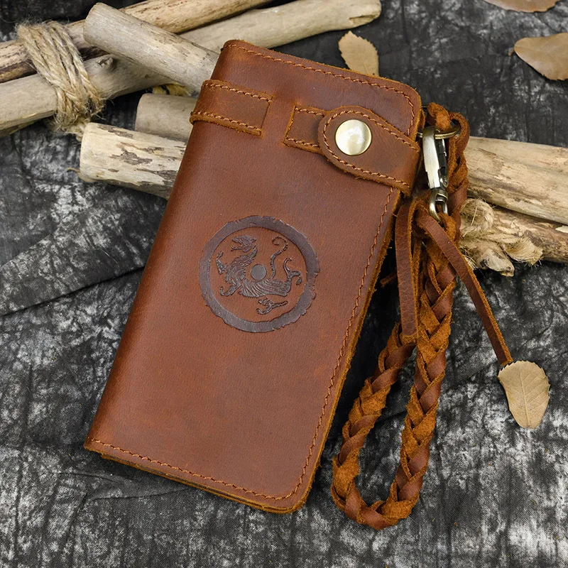 Crazy Horse leather retro men long real leather wallet multi-buckle buckle lanyard anti lost mobile phone storage function