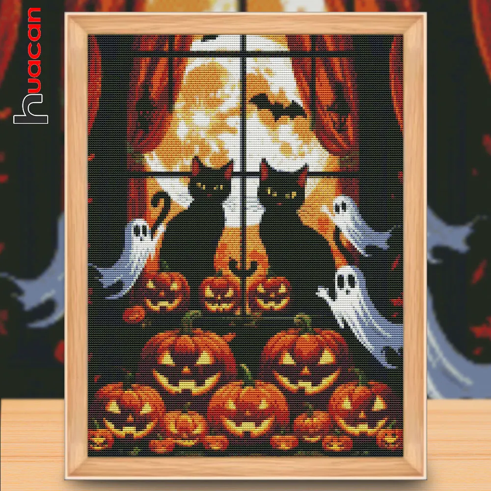 Huacan 1pc 11ct Cross Stitch Starter Kit Diy Embroidery Halloween Black Cat Home Office Wall Decor Holiday Gift
