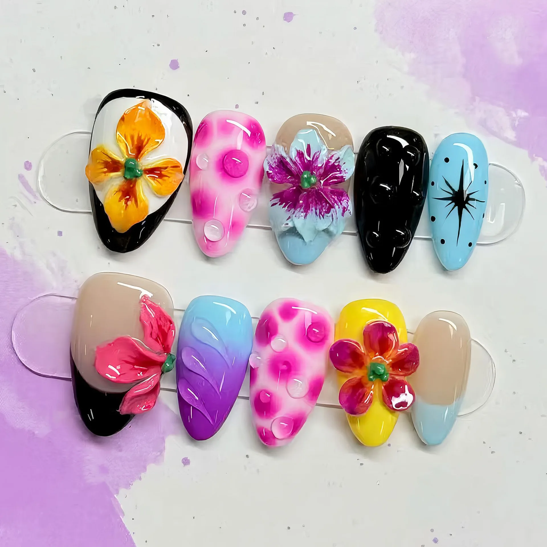 24PCS Colorful 3D Flower Butterfly Press on Nails with Gradient Swirl Texture Starburst Dot Design Almond Multicolor False Nails