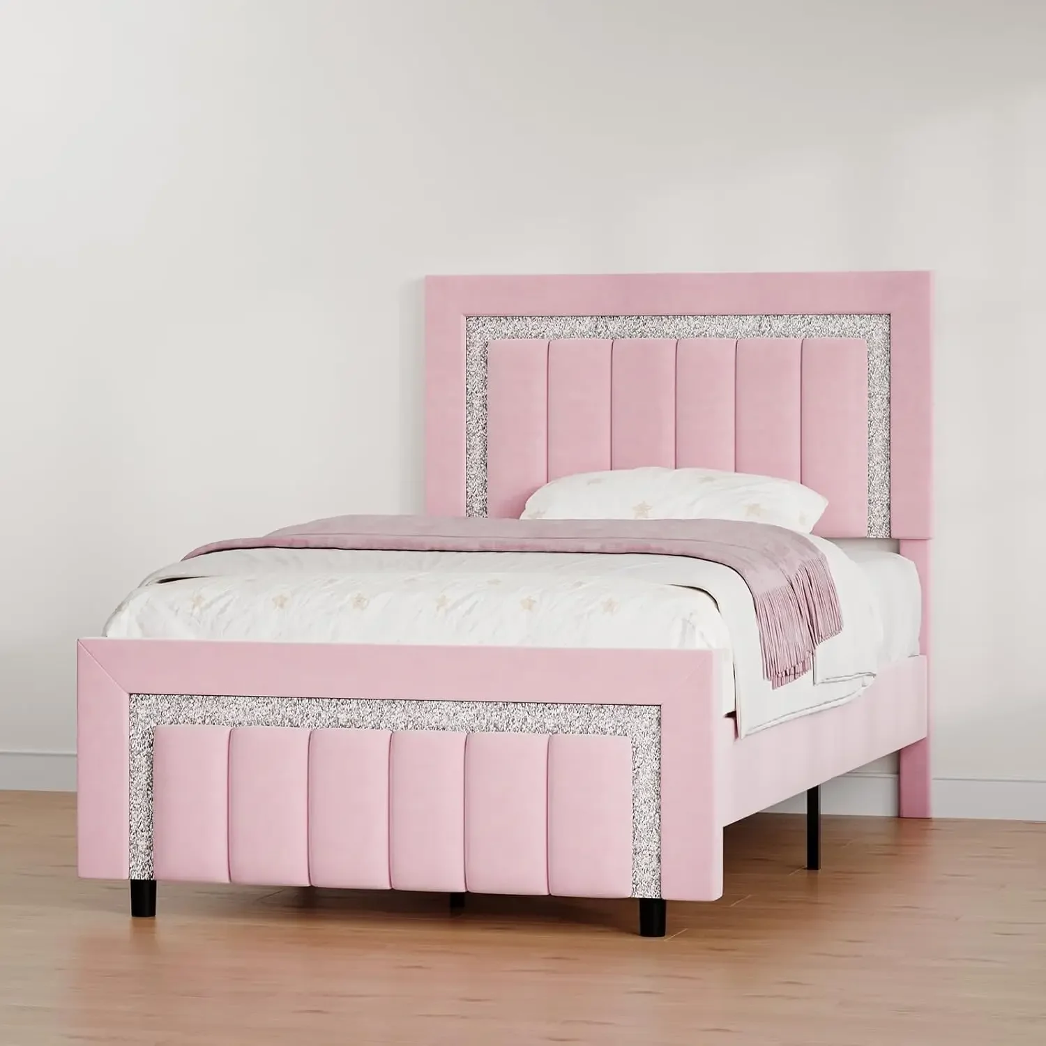 HOMBCK Estructura de cama doble, estructura de cama tapizada de terciopelo rosa con cabecero y pie de cama de diamantes, estructura de cama doble para niñas, Vertica