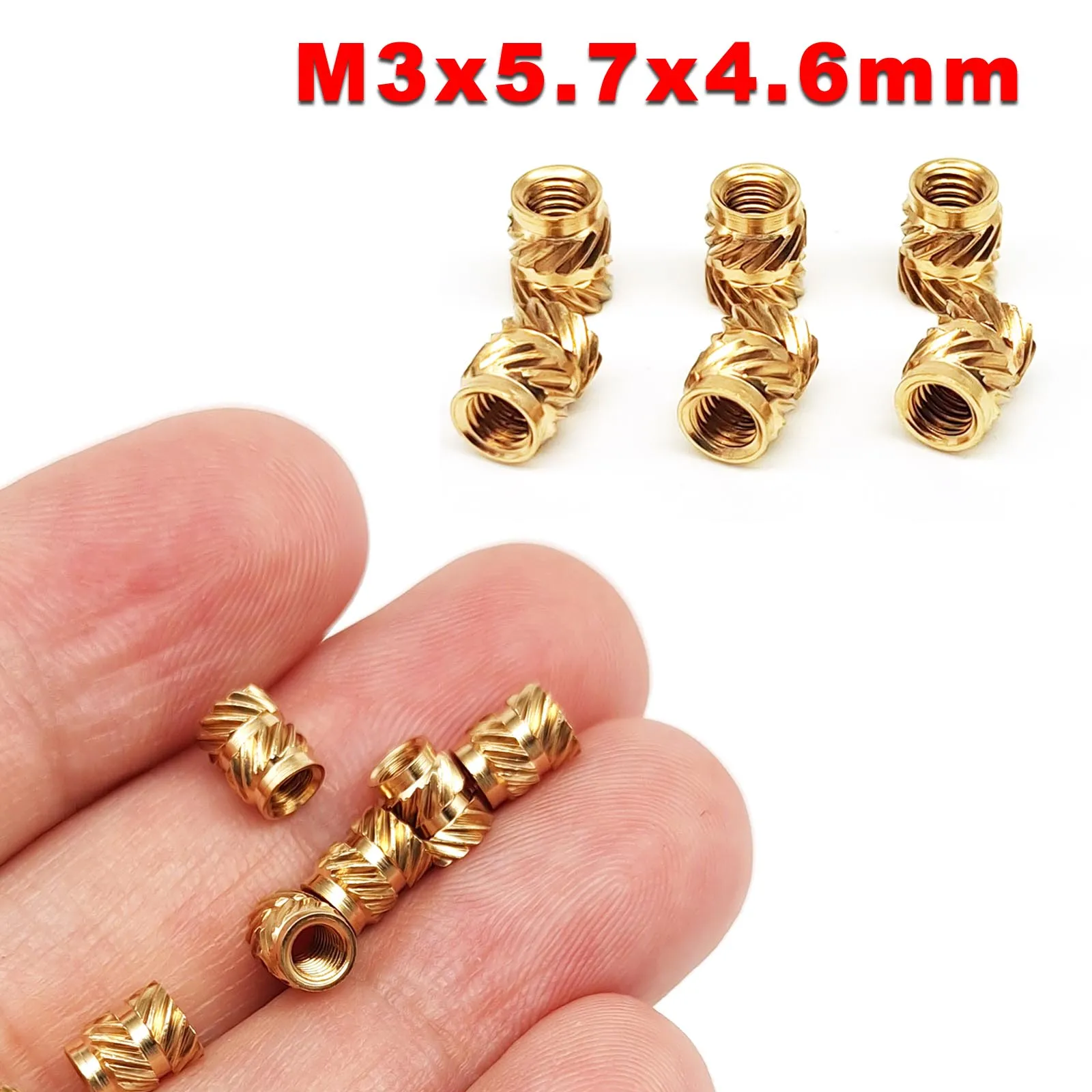 50 Stück M3 x 5,7 x 4,6 Gewinde gerändelt Messing Kupfer 3D-Drucker Hot Melt Wärme Spritzguss Einsatz Einbettmutter ID 3 mm Außendurchmesser 4,6 mm H 5,7 mm – Detail 3