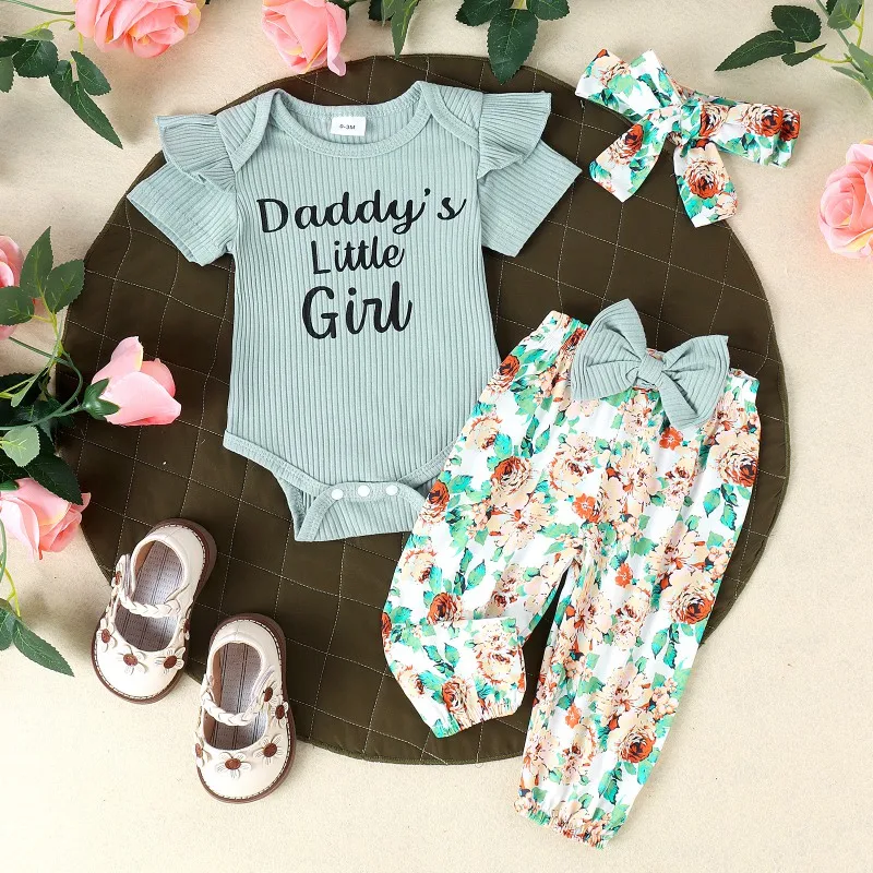 

Baby Girls Summer Suits Infant Girl Short Sleeve Ruffled Ribbed Letter Romper + Floral Bow Pant +Hairband 3PCS Clothing Sets D2L