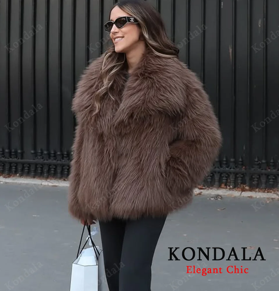 معطف KONDALA للسيدات لخريف وشتاء الفهد مطبوع عليه الفرو معطف فرو صناعي بطية صدر السترة 2025 معطف نسائي أنيق ودافئ أنيق