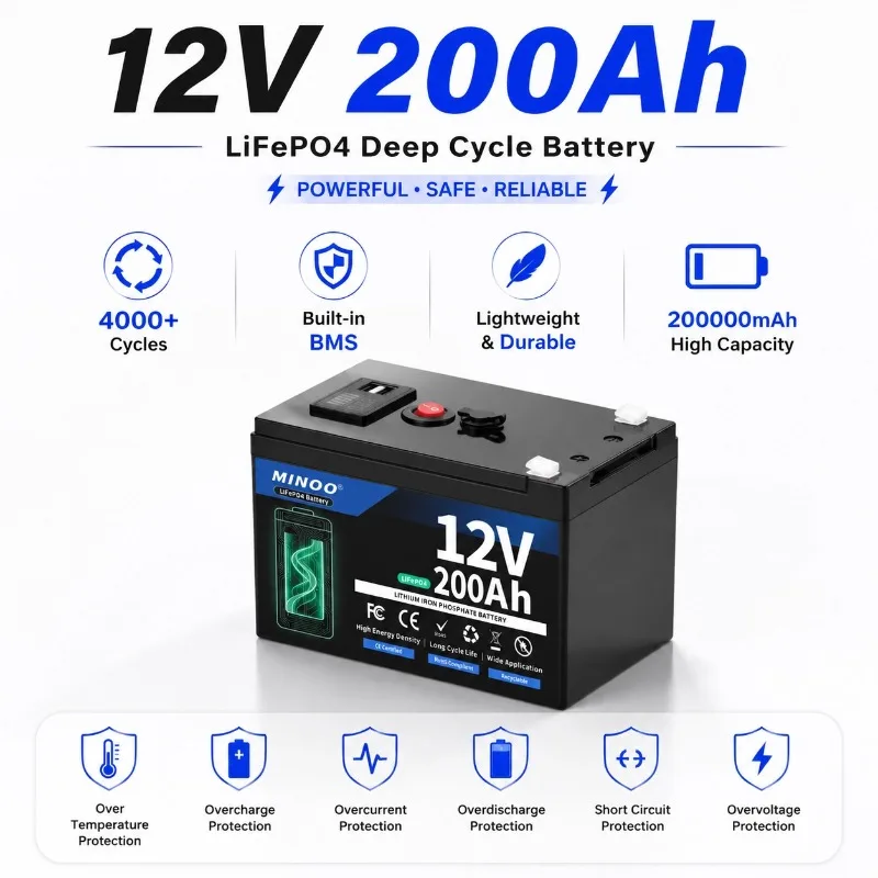 12V 200Ah LiFePO4 Solar Battery Deep Cycle Rechargeable Built-in BMS Lithium 200000mAh for Power Wheels Scooters Fish Finder