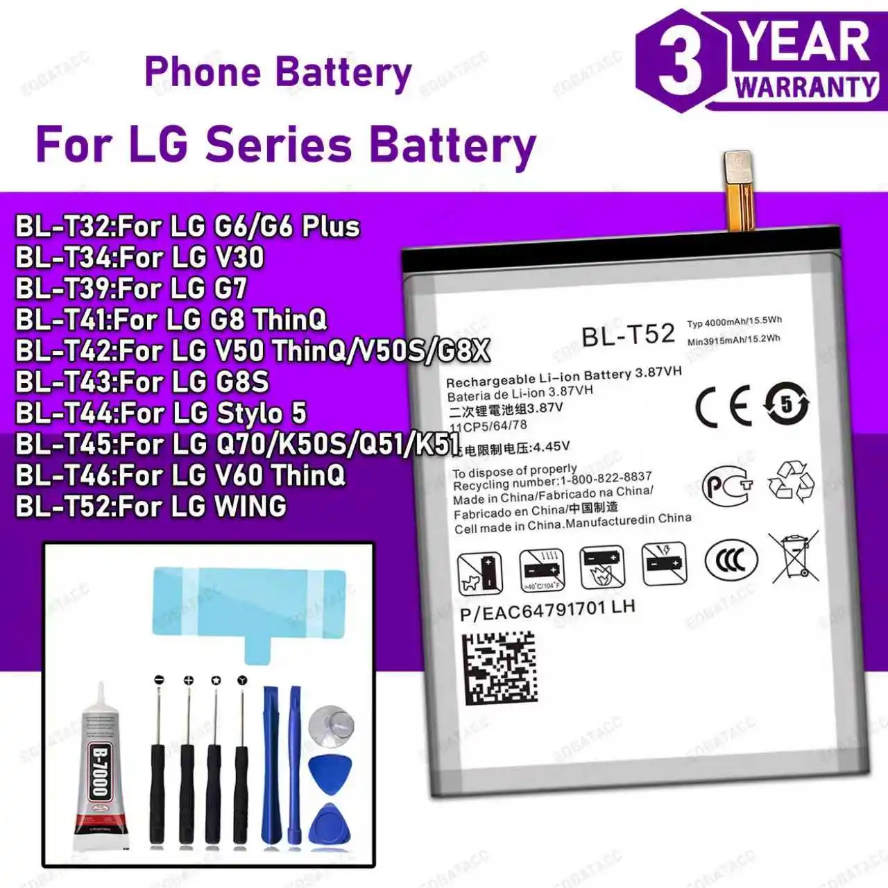

100% New Zero Cycle BATTERY For LG G6 PLUS/V30/G7/G8/V50 ThinQ/G8X/G8S/V60/WING/Stylo 5/Q70/V50S Batteria Battery+Tools