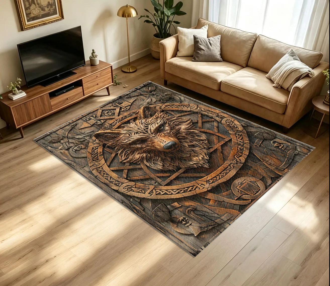 Viking Carved Wooden Wolf Head Rug, Non-Slip and Washable Floor Carpet, Suitable for Men's Cave Bedroom, Nordic Mythology Themed Home Decor