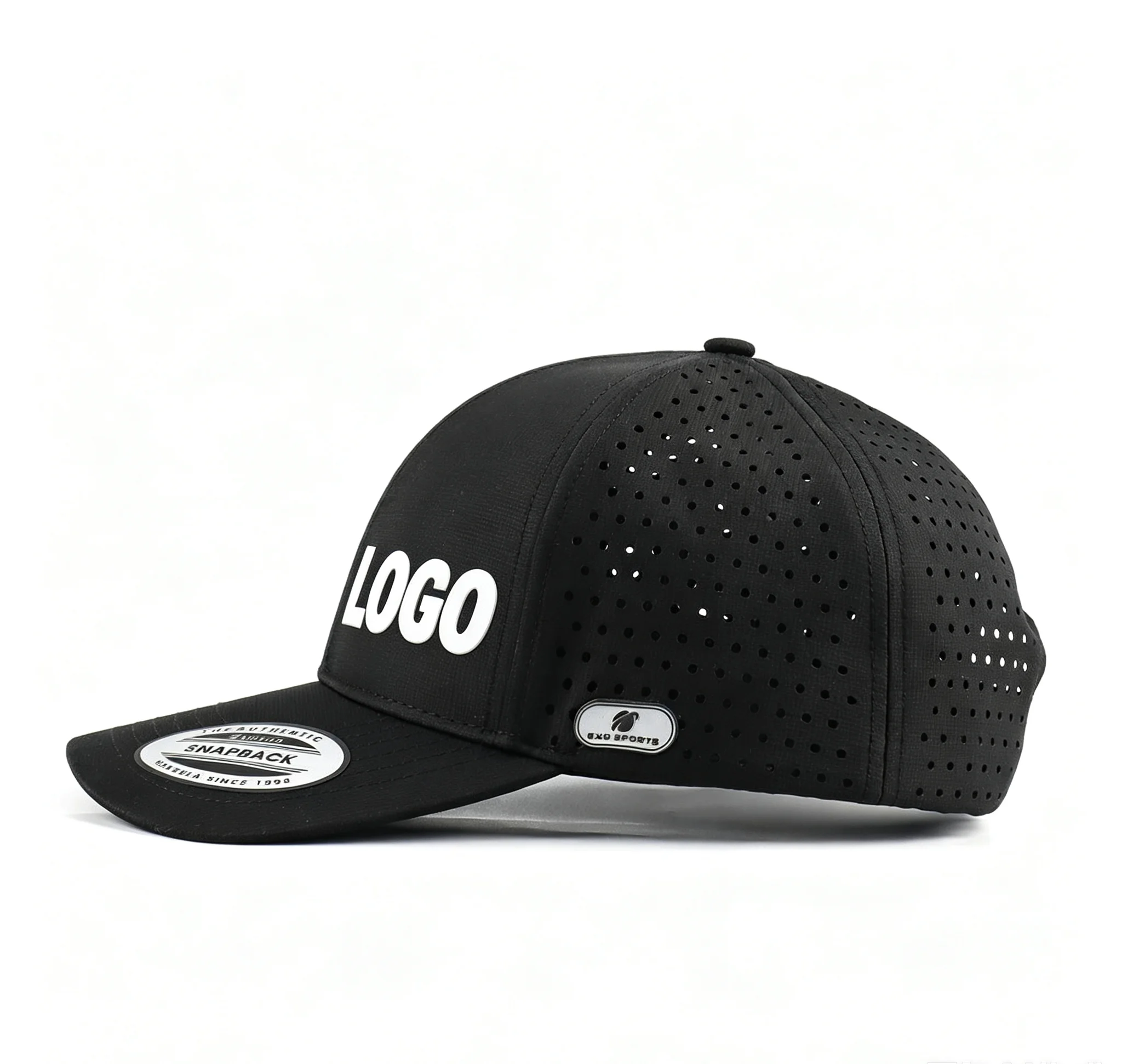 Custom OEM 6 Panel Golf Cap Waterproof Laser Perforated Hole Baseball Hat with Rubber Patch Lightweight Outdoor Sport Cap view 3