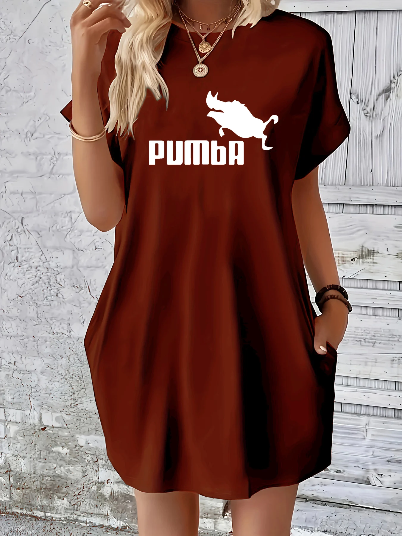 Women's Summer Loose PUMBA Letter Print Round Neck Short Sleeve Pocket Comfortable Casual Plus Size Dress