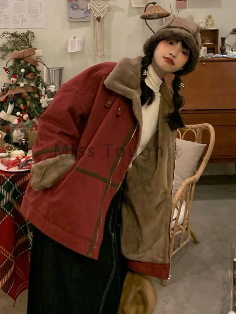 Winter Warm Red Lamb's Wool Coat Women Casual High Street Fashion Patchwork Parkas Female Vintage Thick Belt Design Outerwear