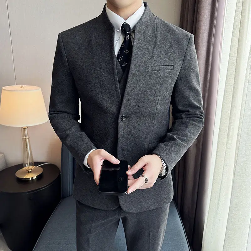 

Мужской высококачественный деловой костюм-тройка в корейском стиле с воротником-стойкой, приталенный, шерстяной, с пиджаком