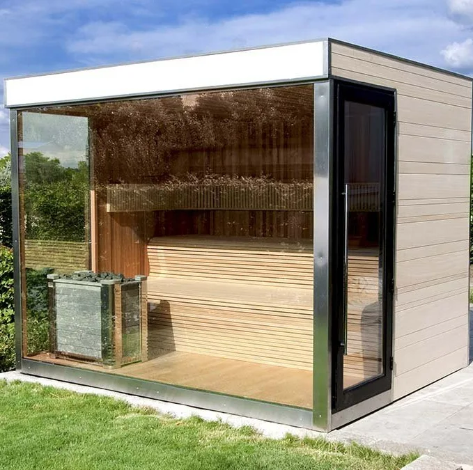Manufacturers supply red cedar outdoor cube sauna panoramic sauna room