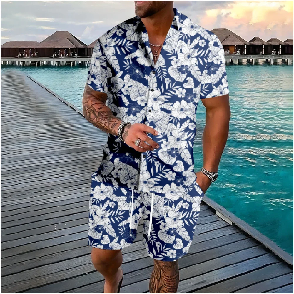 Hawaiiaanse palmboom kokospalm bloemen knop trainingspakken shirts shorts kleuren bloemen sets streetwear casual strand herenkleding