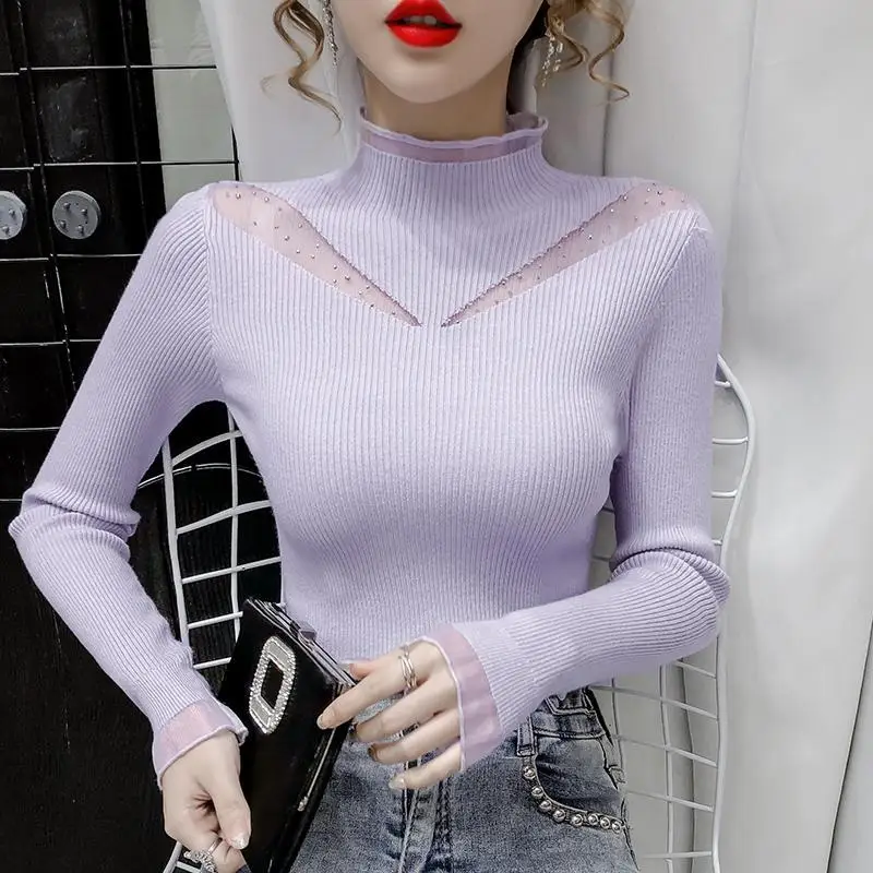 Hot Drilling Mesh Knitted Sweater 2024 Spring Autumn Elasticity Slim Full Sleeve T-shirt  Long Sleeve Office Lady Elegant Shirt