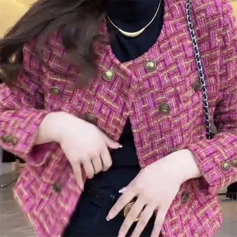 Vintage Red Tweed Coat Women's 2026 Autumn/Winter New French Vintage Loose and Versatile Show Thin Temperament Woolen Jacket Fem
