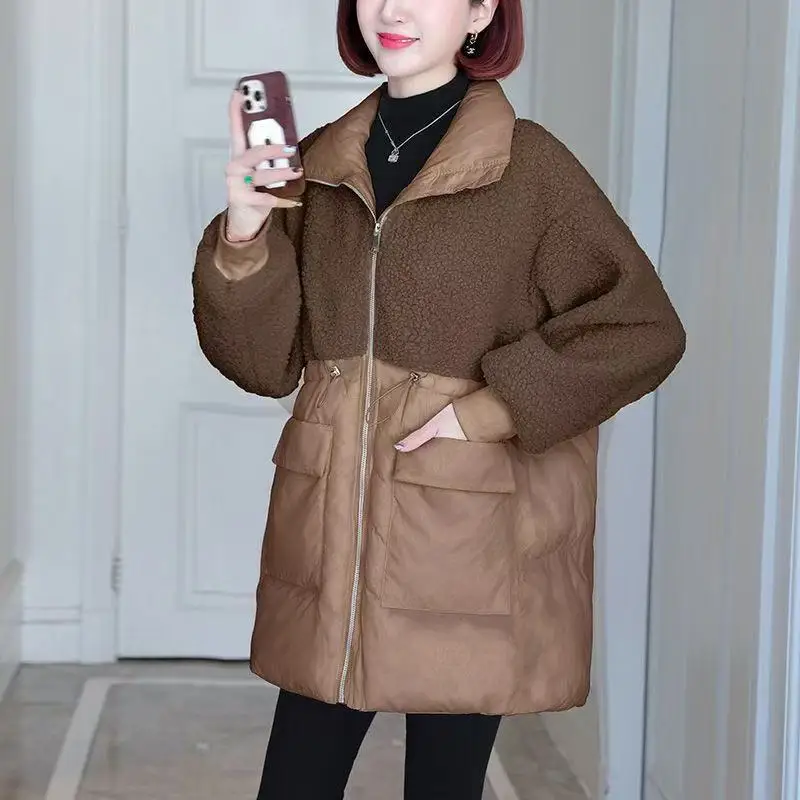 ダウンジャケット女性ミッドレングス秋冬新ルーズ綿パッド入りステッチラムフリース厚く暖かいコート女性オーバーコートトップス