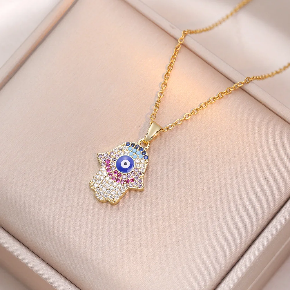 Multi-color Zircon Filled Blue Turkish Demon Eye Hamasa Hand Stainless Steel Hand of Fatima Necklace Women Jewelry collare mujer