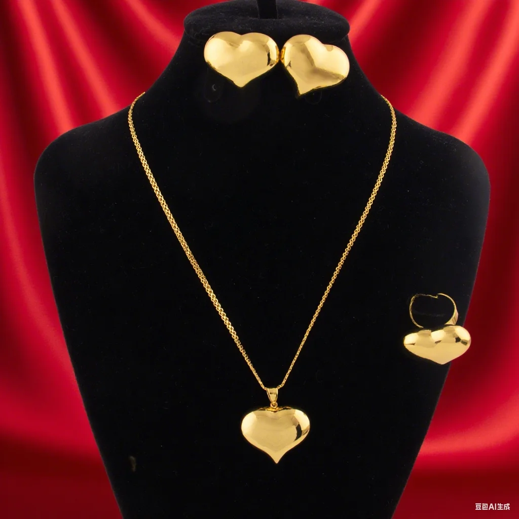 Minimalistisches Herz-Schmuckset aus goldfarbenem Edelstahl für Damen, schickes Alltagskleidungs-Ohrring-Halsketten-Ring-Kombinationsgeschenk – Detail 6