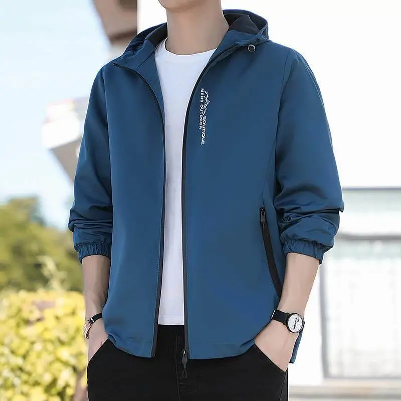 

Trendy Hooded Jacket Men's Spring Autumn Casual Loose Fit Windbreaker Polyester Fiber Long Sleeve Zipper Closure Outerwear