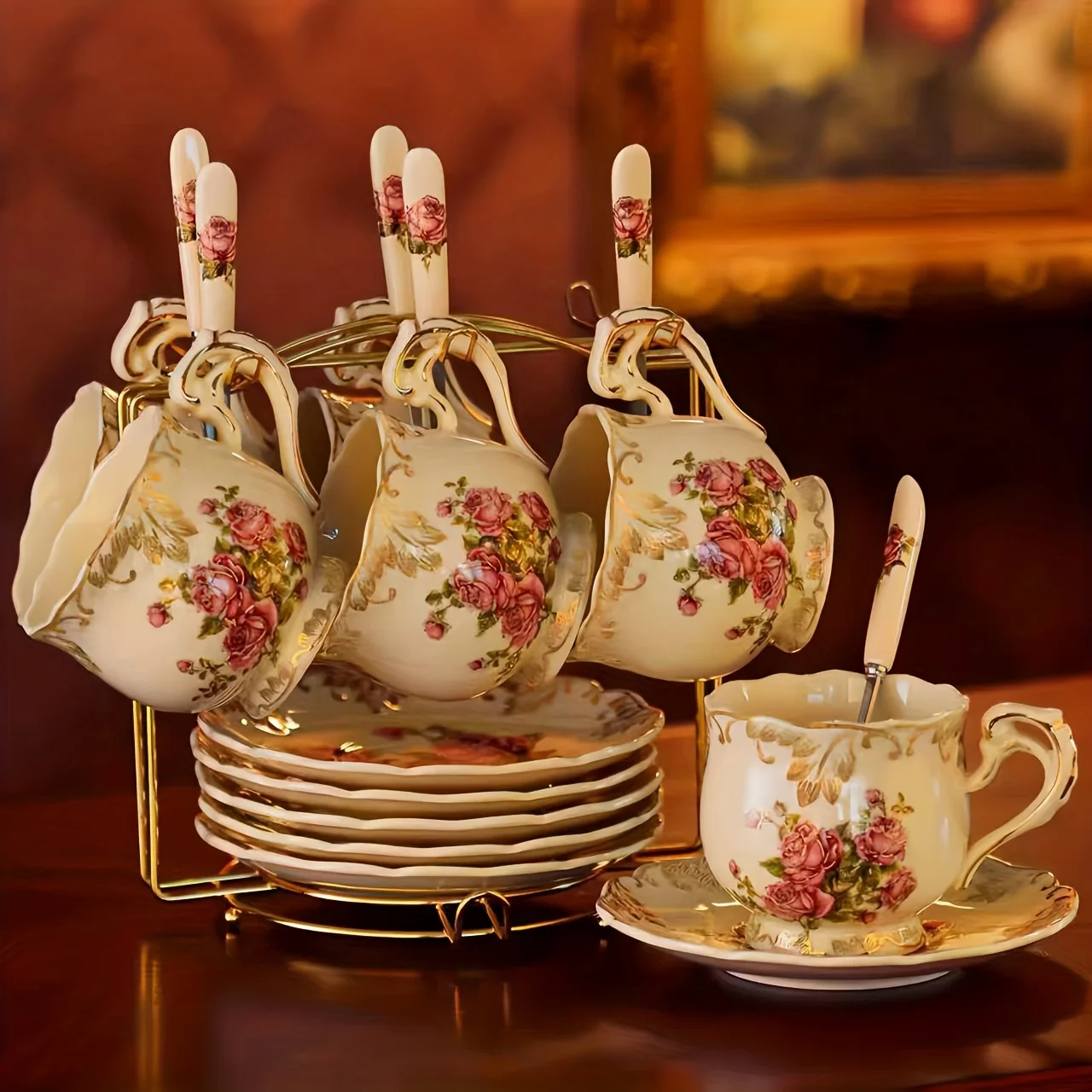 

3&7&19pcs European Vintage Floral Ceramic Tea Set, with Hand-painted Golden Trims and Rose Patterns, Easy To Clean