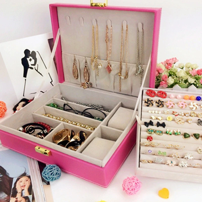 New Design Double-Layer Household Jewelry Storage Box Pure Color Ladies Necklace Earrings Organizer Delicate Girl Birthday Gift