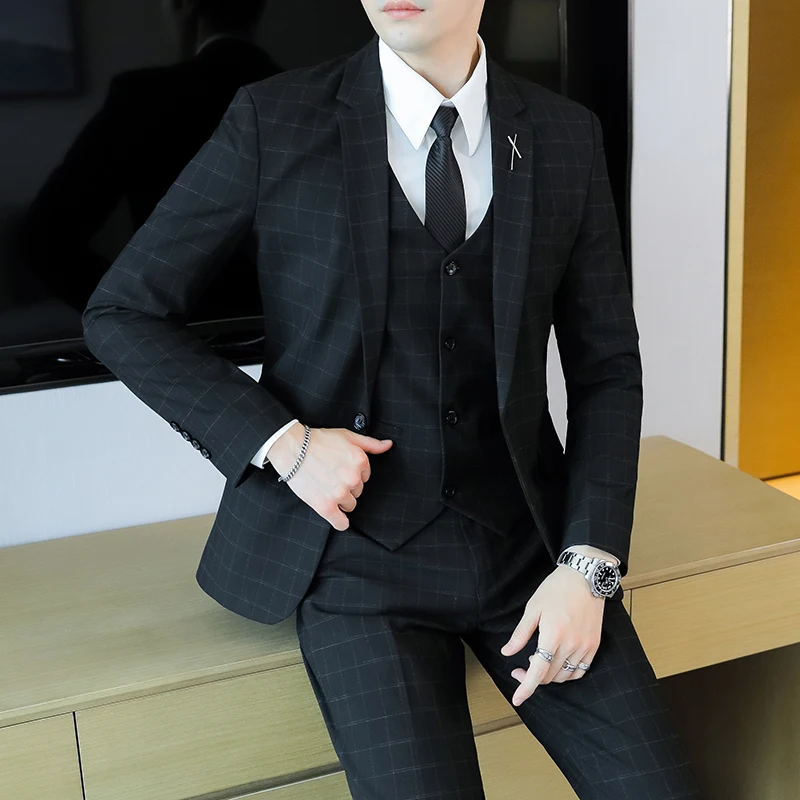 2024 new high-quality plaid suit (suit + vest + trousers) Business fashion handsome wedding casual three-piece set