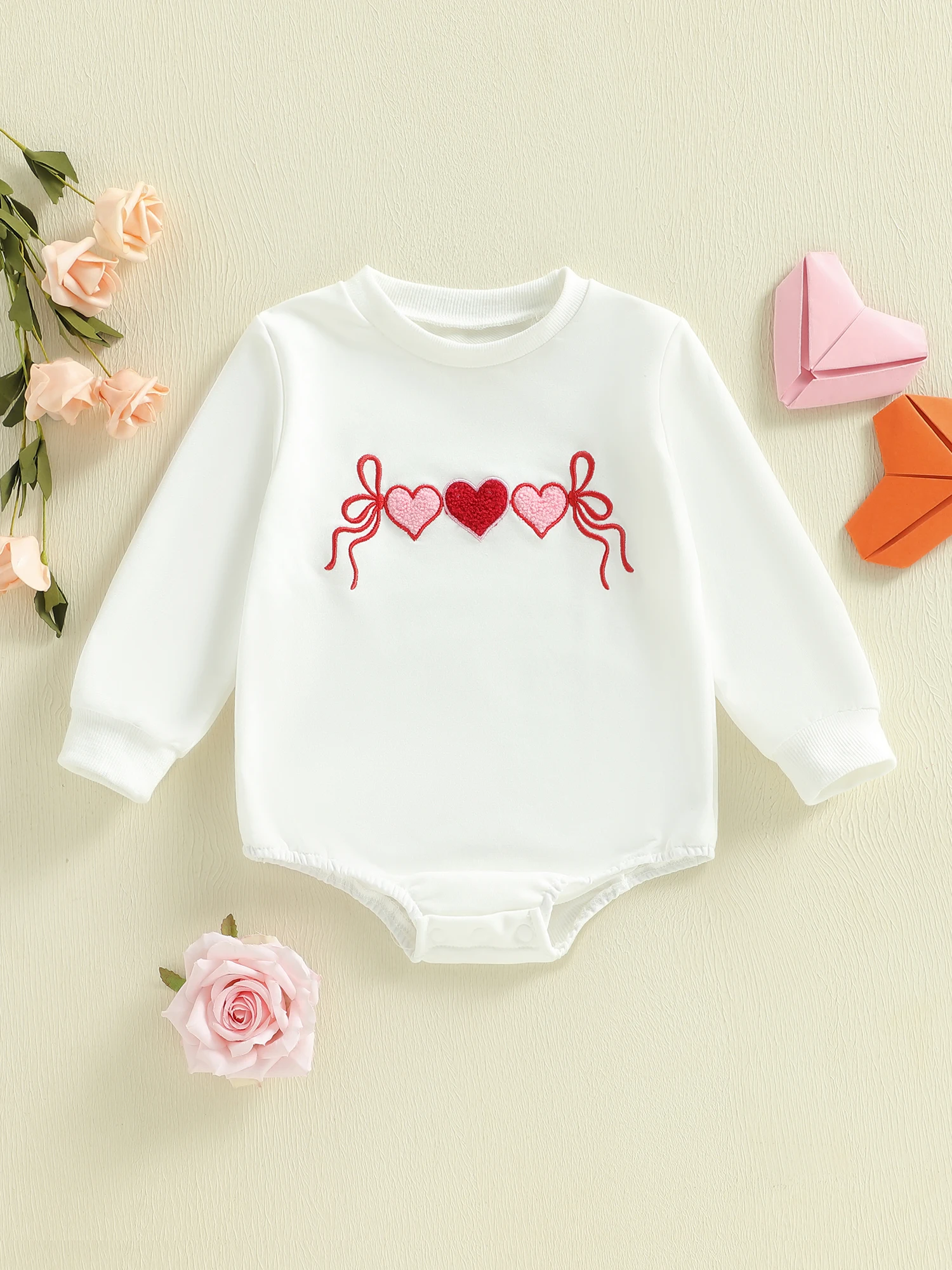 

Infant Valentine s Day Jumpsuit with Heart Applique and Ruffled Sleeves for Baby Girls - Round Neck Long Sleeve Romper