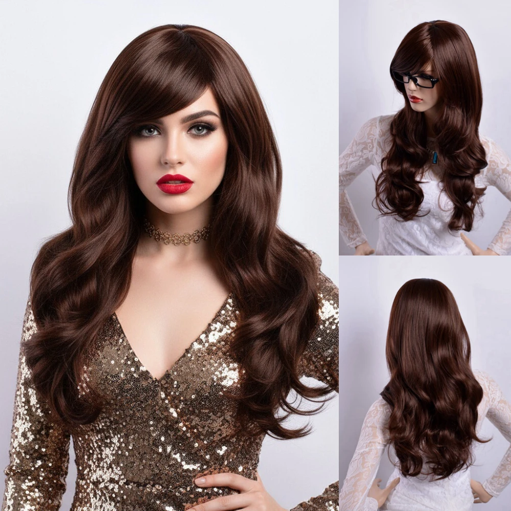 

Парики MSIWIGS коричневого цвета, длинные волнистые с челкой, синтетические парики для женщин из термостойкого волокна