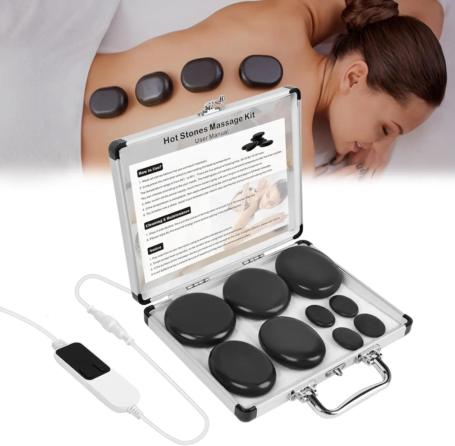 

Hot Stones Massage Kit with Heater, 9Pcs Basalt Rocks Electric Hot Stone Warmer Set with Heating Box for Spa & Home Use
