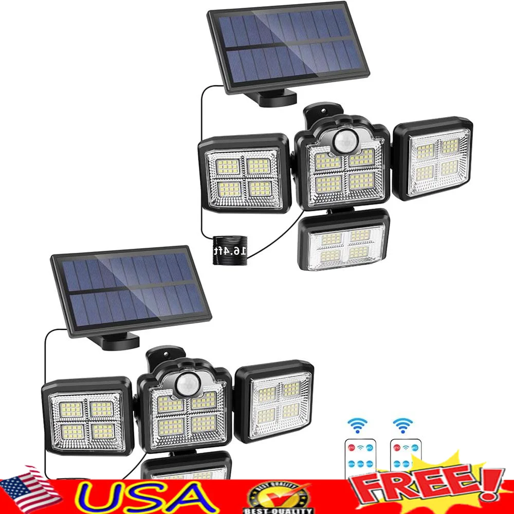 Solar Outdoor Light Motion Sensor Waterproof Remote Control 4 Heads 270° Wide Angle Super Bright LED Solar Powered Floodlight