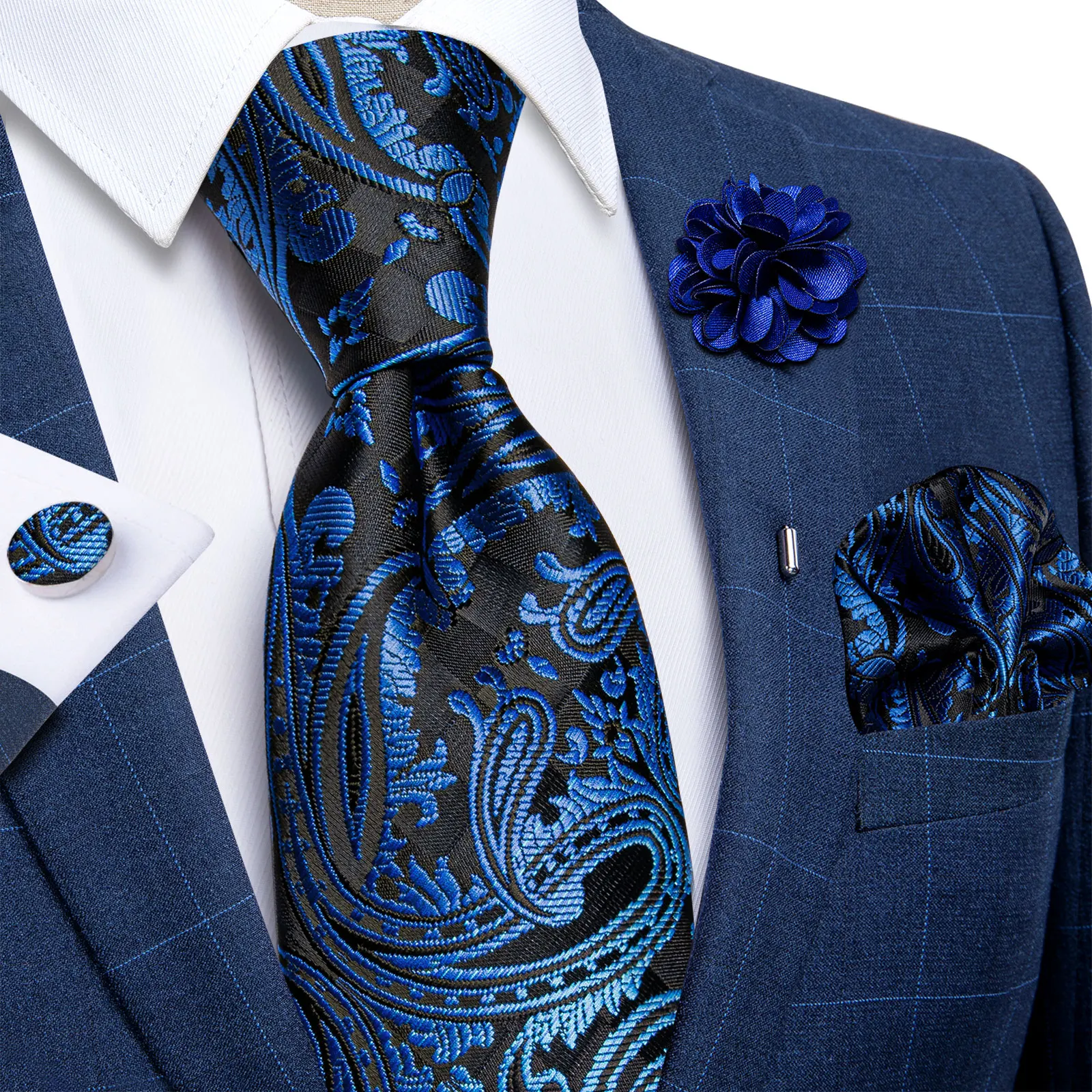 

2022 New Luxury Blue Paisley Silk Ties For Men Handkerchief Cufflinks Brooch Pin Wedding Accessories Men Gift Set Dropshipping