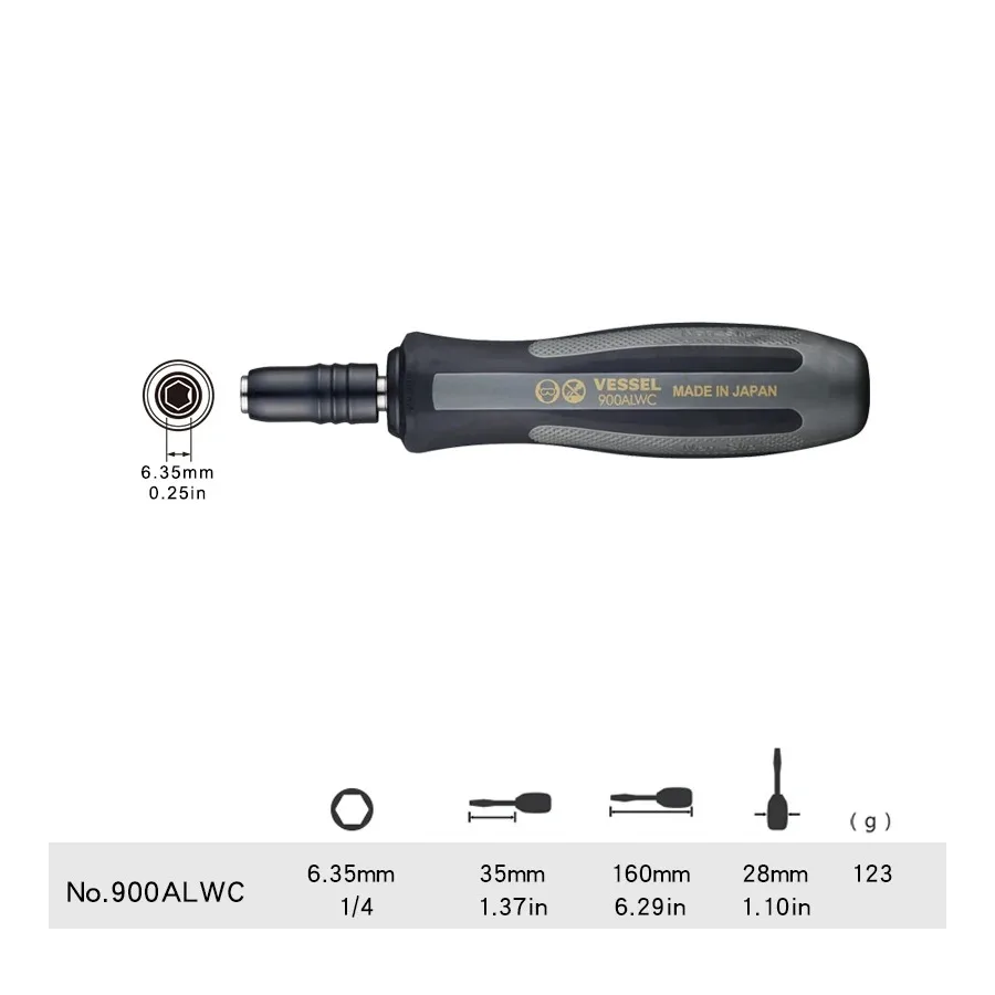 VESSEL 900ALWC 1/4'' Hex Screwdriver Handle Non-slip Bit Holder Socket Driver Repair Hand Tool