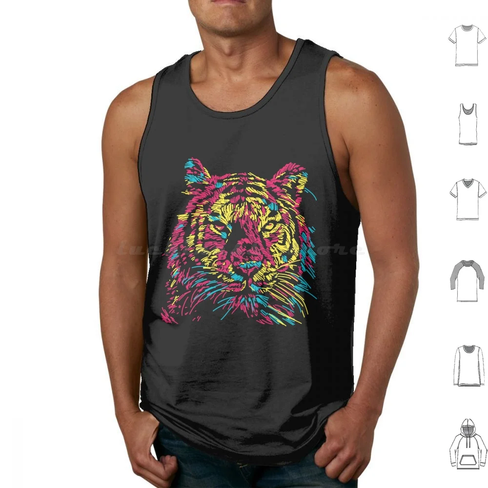 

Abstract Retro Colorful Line Tiger Face Tank Tops Print Cotton Abstract Retro Line Tiger Face Tiger 80s Style 90s