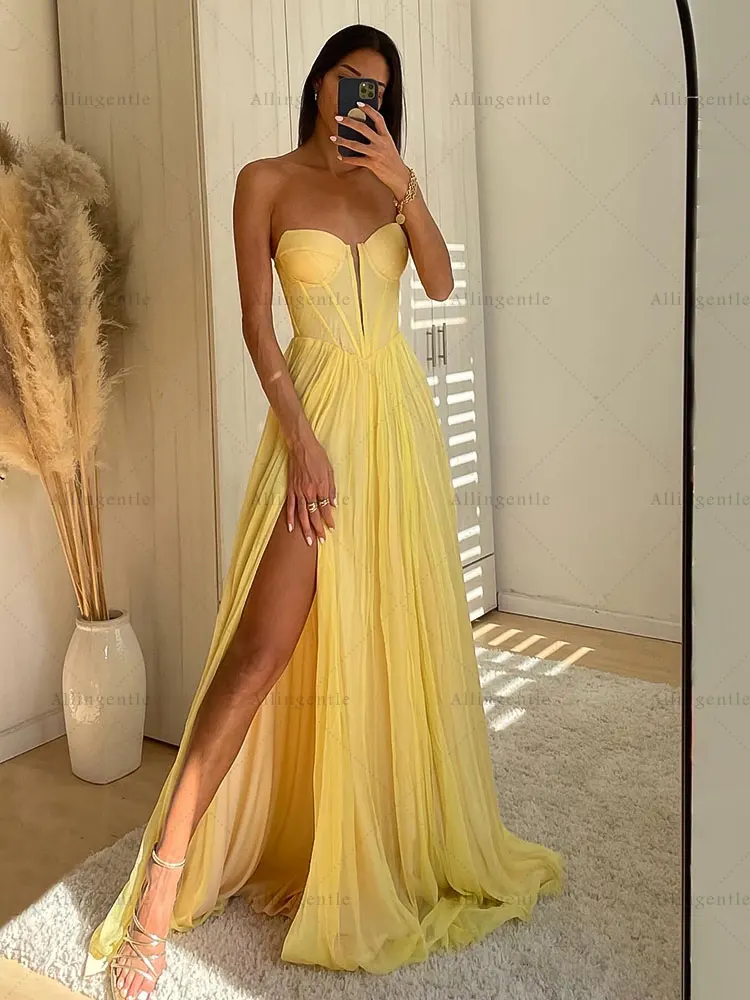 Vestido de baile de chiffon amarelo 2026 sem alças linha a divisão vestido de festa de casamento personalizado sem mangas até o chão vestidos de fiesta