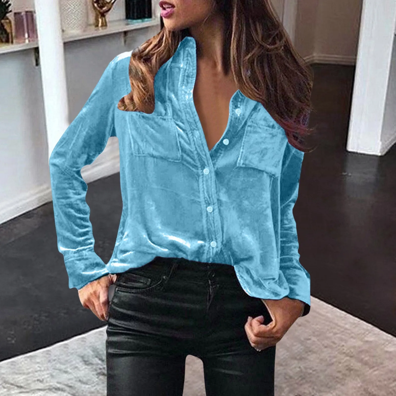 Women Blouses Velvet Shirts Elegant Casual Solid Solor Tops Long Sleeve Loose Fit Shirt With Button Warm Clothes Blusas Winter