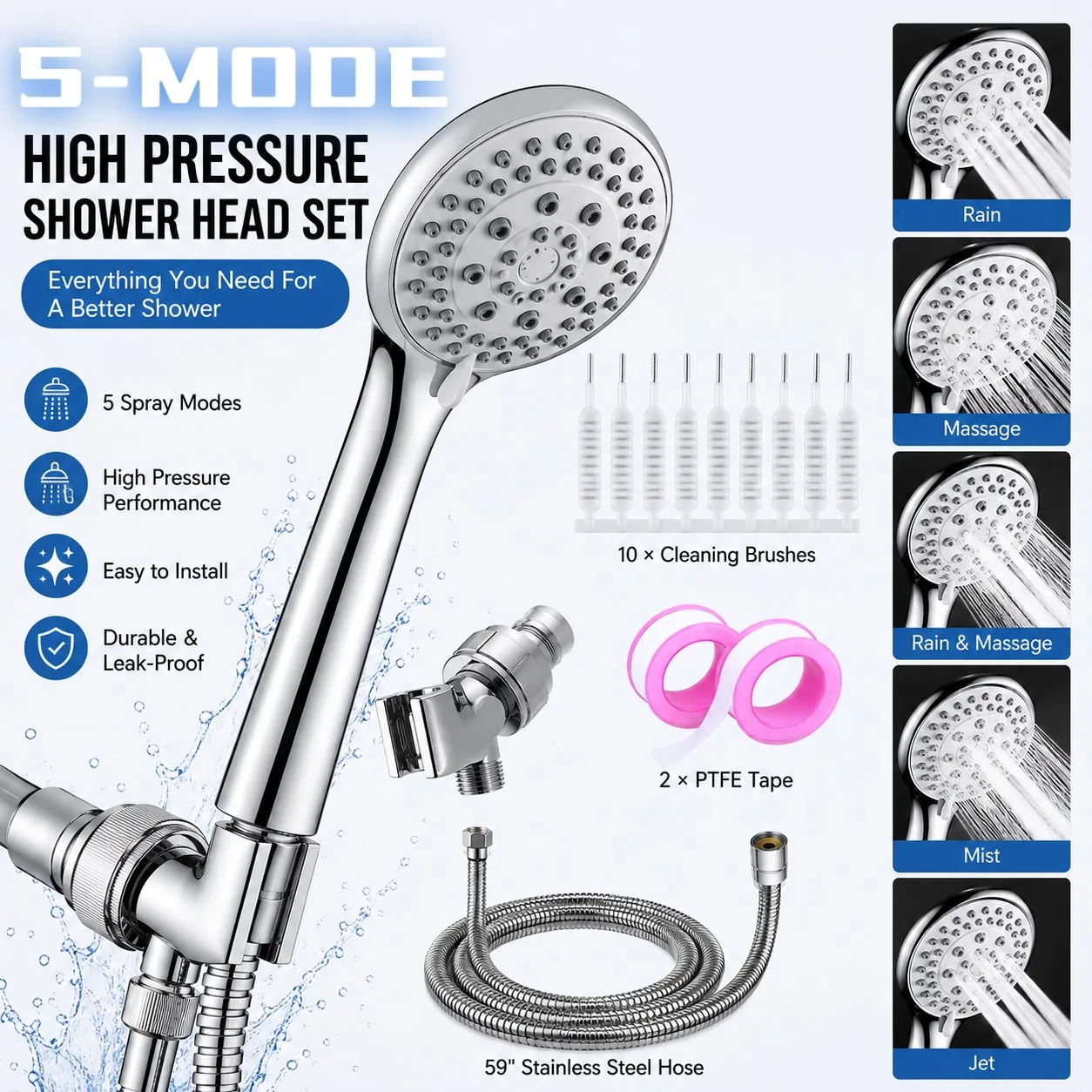 5-Mode High-Pressure Handheld Shower Set, Includes Hose, Adjustable Mount, 10 Cleaning Brushes, and PTFE Tape; Bathroom Shower Set; For Shower Use Only / For Bathtub Use Only; Easy to Hang; Water-Saving Showerhead