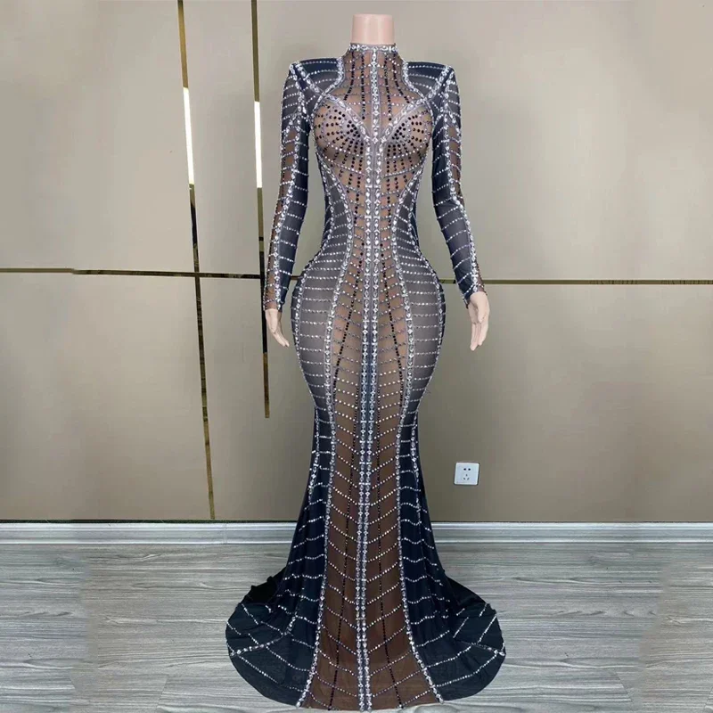 Sparkly Schwarz Samt Strass Abendkleider Frauen Party Feiern Kleid Hochzeit Kostüm Bühne Leistung Outfit XS7454