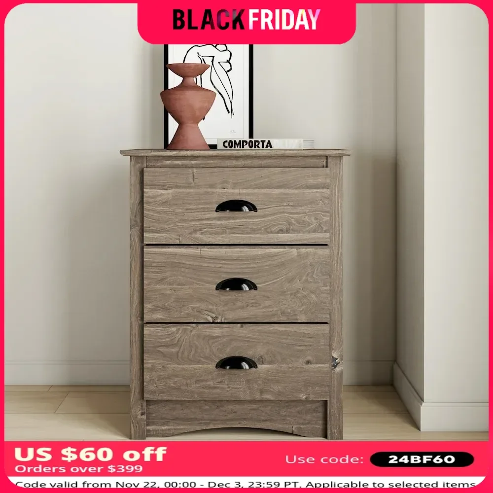 Nightstand with 3Wood Drawer, Metal Glides with Built-in Safety Stops, Nightstand