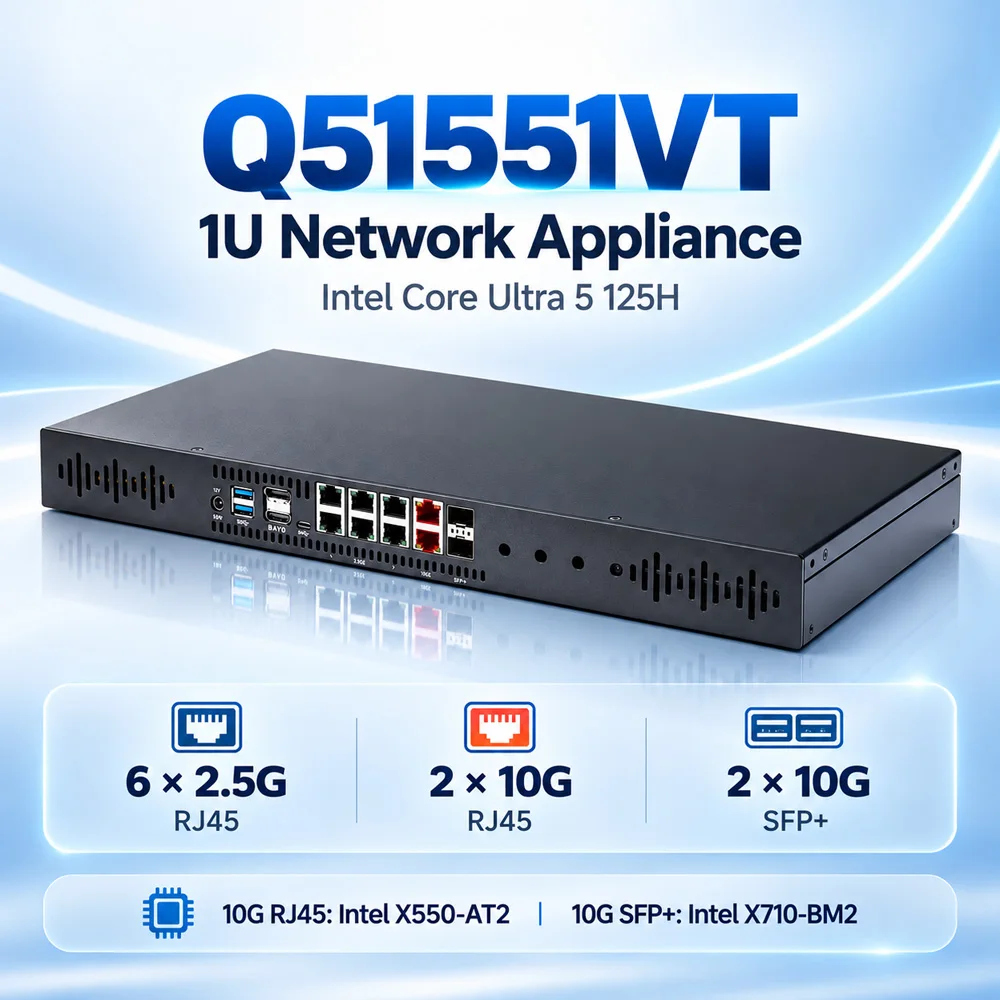 Qotom Mini PC Q51551VT Int el Core Ultra 5 125H 14-Core 18-Thread 1U 10G Rack Server 6x 2.5G LAN 2x 10G RJ45 2x 10G SFP+
