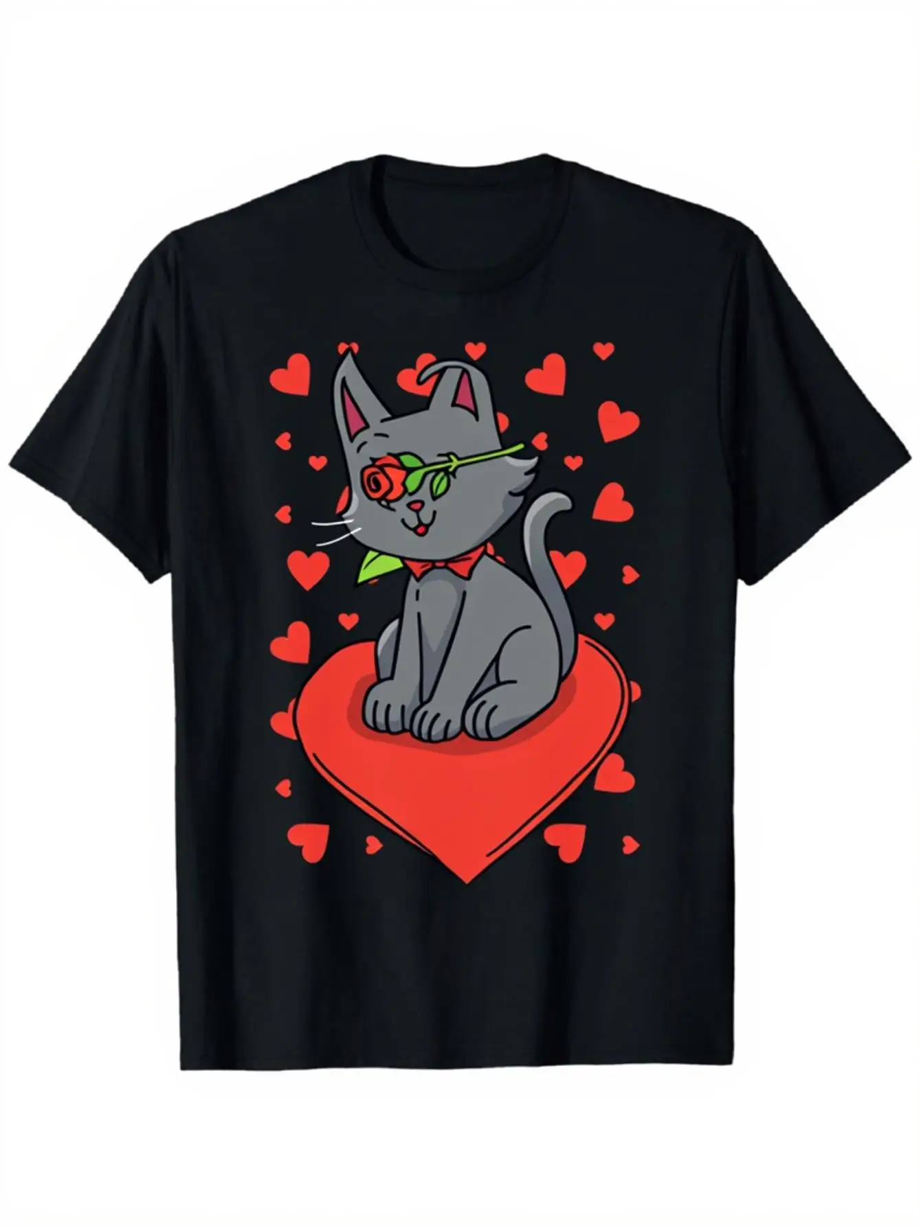 

Black Cat with Red Glasses and Rose Heart Pattern Graphic T Shirt Casual Daily Wear Valentines Day Fashion Outdoor Lovers
