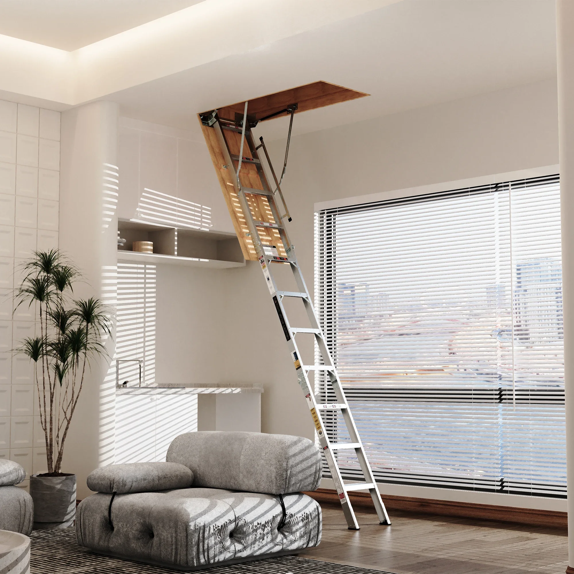 Multifunctional Folding Attic Extension Ladder, Aluminum Alloy Retractable Attic Access Stair