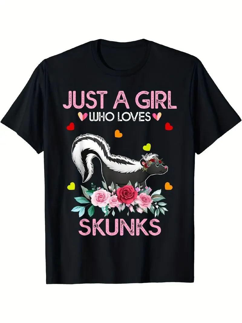 Women's Skunk T-Shirt - Just A Girl Who Loves Skunks Design With Floral Accents - Soft Cotton Crew Neck Tee For Halloween