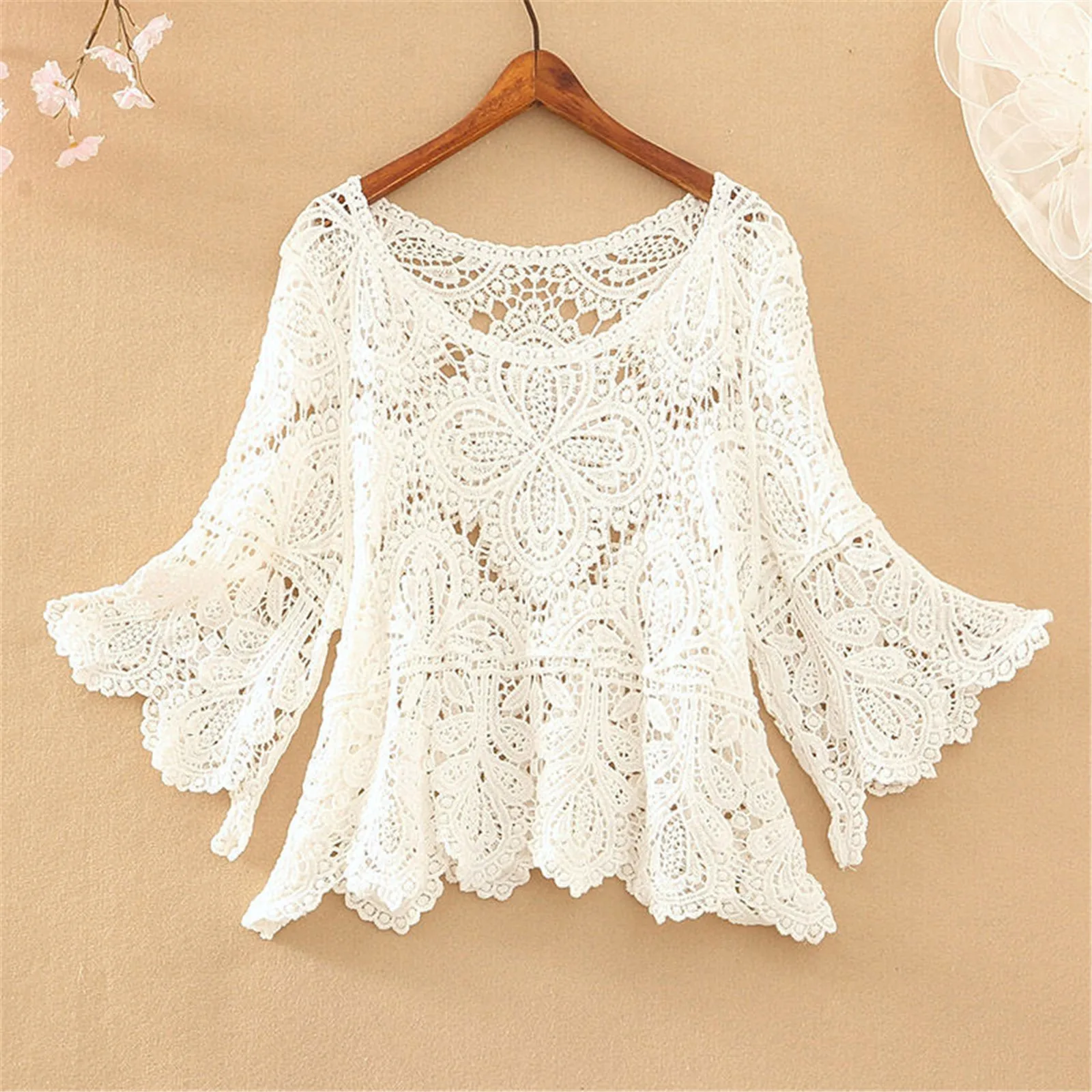 

Women's Short Crochet Cut Out Five Quarter Sleeve Top Skirt With Smock Men Sweater Hoodie Comfy Sweaters