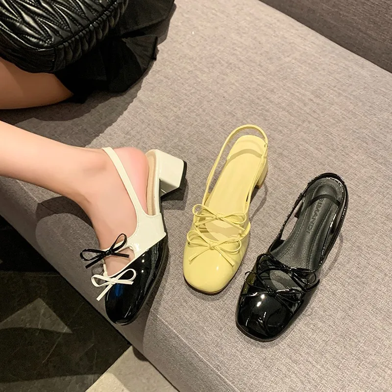 New Fashion Sandals Mid-heel Square Shoes Children Bun Head Double Bow Chunky Heel Mary Jane Single Shoe Tide