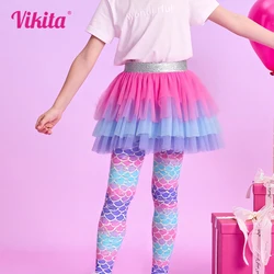 VIKITA Children Trousers Girls Mermaid Print Leggings with Skirts Fake 2 Pcs Pants Casual Cute Trousers Mesh Tutu Pants Skirts